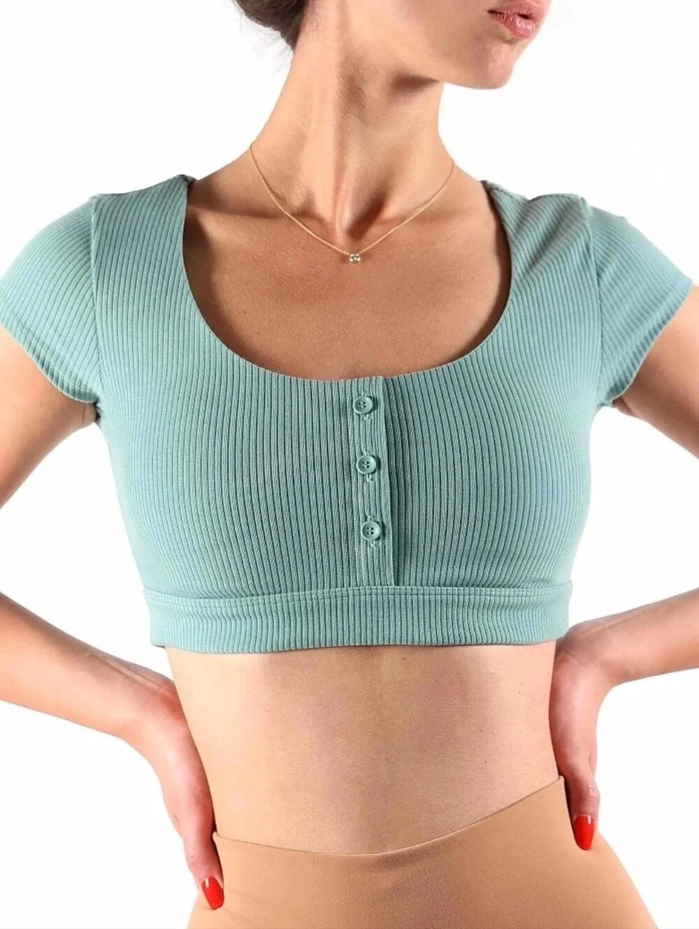 Alo Yoga Blissful Henley Bra Top Blue Haze Ribbed Crop Top Size Small
